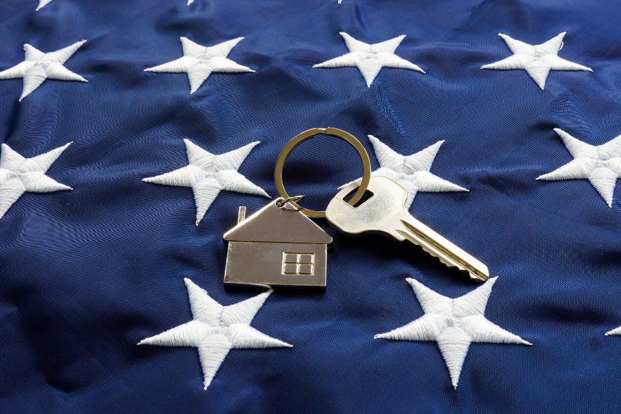 keychain with house on american flag navy blue and white stars
