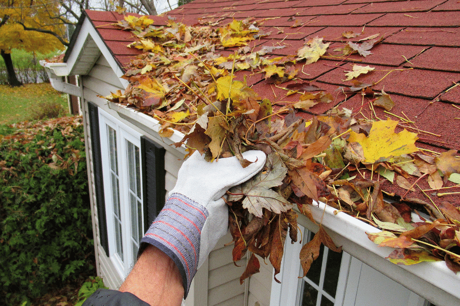 homeowner cleaning gutters of fall leaves and debris