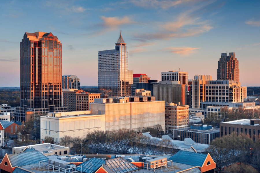 Skyline of Downtown Raleigh at dusk 