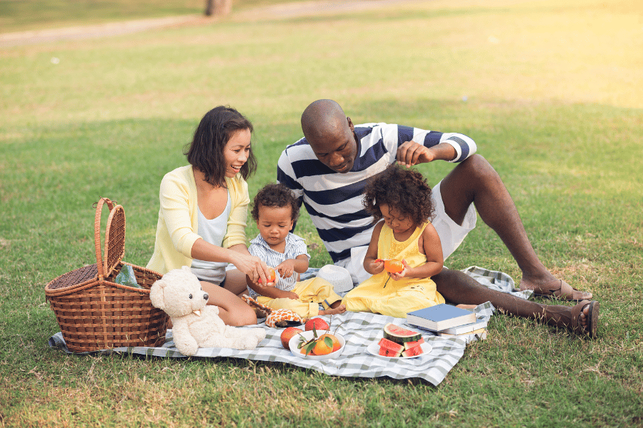 family of four enjoying a picnic on a blanket with fresh fruit 