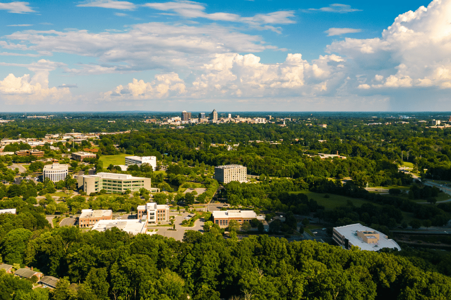 City overview with trees and buildings of downtown Raleigh, NC