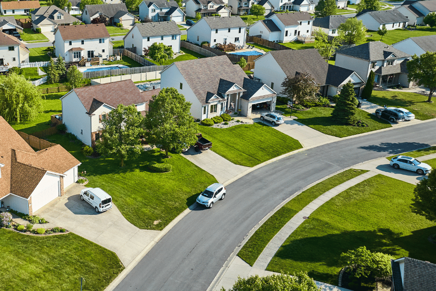 Birdseye view of neighborhoods with trees and yards