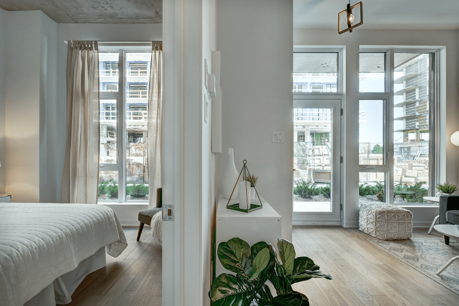 Inside of a pretty apartment with white walls 